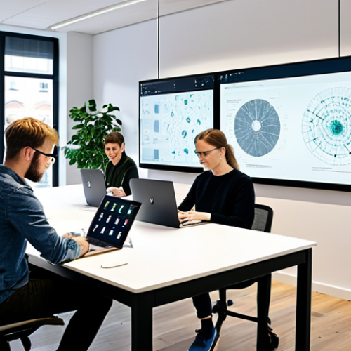 Home 22 AI and the Future of Work**
"A bright, modern co-working space in Stockholm, Sweden. Several fully clothed young professionals are collaborating around a large table, some using laptops, others sketching on tablets. A holographic display shows data visualizations and AI neural networks. Emphasize collaboration and innovation. Appropriate attire, safe for work, professional environment, perfect anatomy, correct proportions, well-formed hands, natural poses, family-friendly."
**