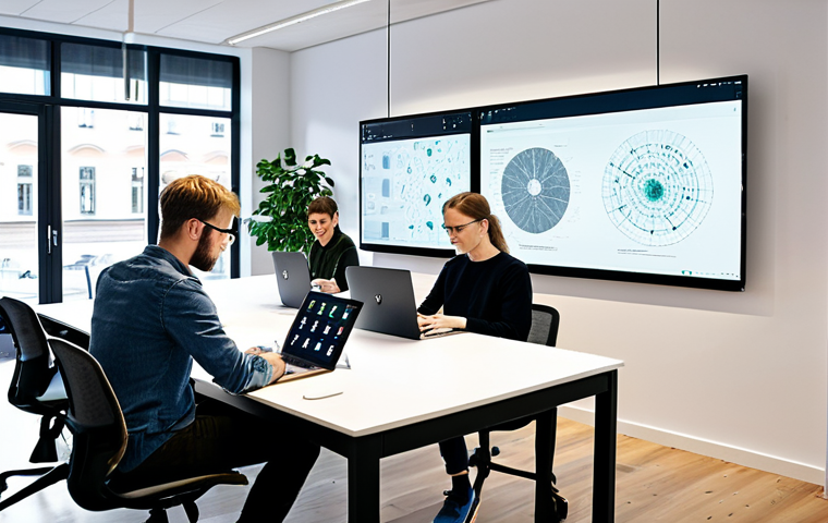 AI and the Future of Work**
"A bright, modern co-working space in Stockholm, Sweden. Several fully clothed young professionals are collaborating around a large table, some using laptops, others sketching on tablets. A holographic display shows data visualizations and AI neural networks. Emphasize collaboration and innovation. Appropriate attire, safe for work, professional environment, perfect anatomy, correct proportions, well-formed hands, natural poses, family-friendly."
**