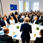 Professional Networking Event**

"A brightly lit conference hall during a marketing event in Stockholm. Several professionals are engaging in conversation, exchanging business cards, and smiling. Modern, clean design with Swedish flags subtly displayed. Everyone is fully clothed in professional attire. Safe for work, appropriate content, perfect anatomy, natural proportions, professional, family-friendly."

**