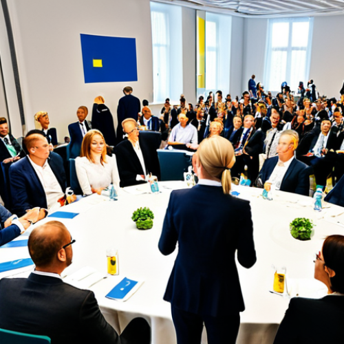 Professional Networking Event**

"A brightly lit conference hall during a marketing event in Stockholm. Several professionals are engaging in conversation, exchanging business cards, and smiling. Modern, clean design with Swedish flags subtly displayed. Everyone is fully clothed in professional attire. Safe for work, appropriate content, perfect anatomy, natural proportions, professional, family-friendly."

**