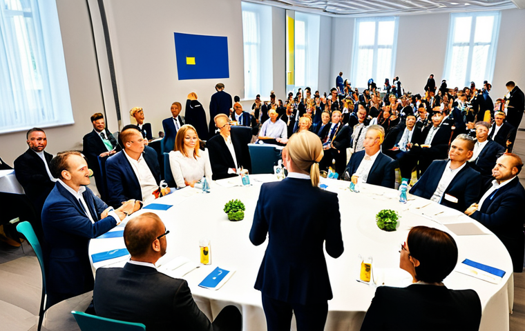 Professional Networking Event**

"A brightly lit conference hall during a marketing event in Stockholm. Several professionals are engaging in conversation, exchanging business cards, and smiling. Modern, clean design with Swedish flags subtly displayed. Everyone is fully clothed in professional attire. Safe for work, appropriate content, perfect anatomy, natural proportions, professional, family-friendly."

**